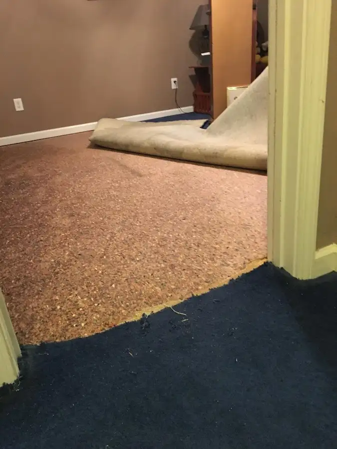 Carpet pad removal revealing water damage during Water Mitigation Services in Loma Linda